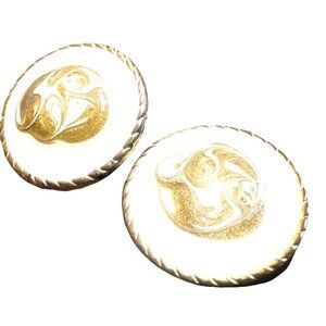 Vintage Golden Splatter Enamel 80s Large Button Clip-on Earrings Cream Ivory